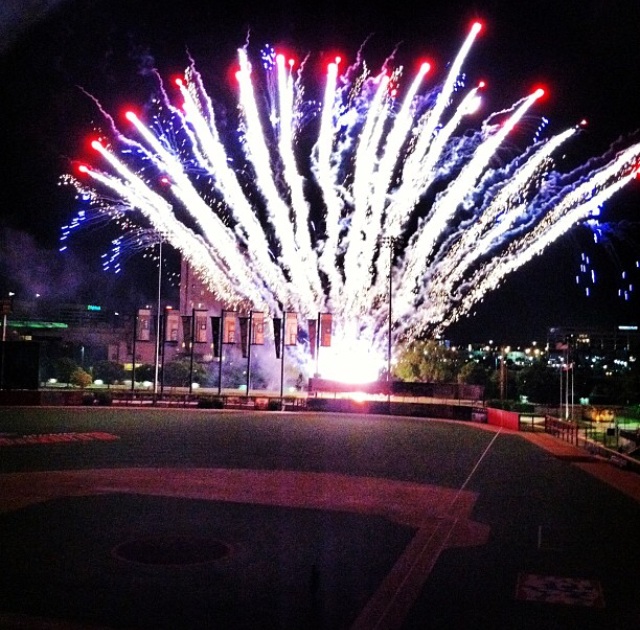 Fireworks over Lawrence Dumont Stadium after a Wingnuts game in Wichita, Kan. (MeLinda Schnyder Instagram photo)